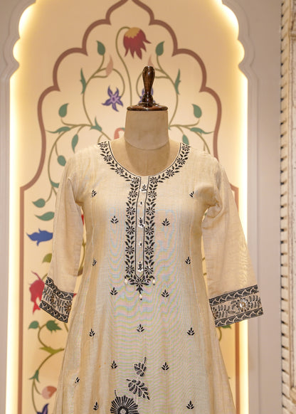 Beige A Line Thread Embroidered 3 pc Kurti Set