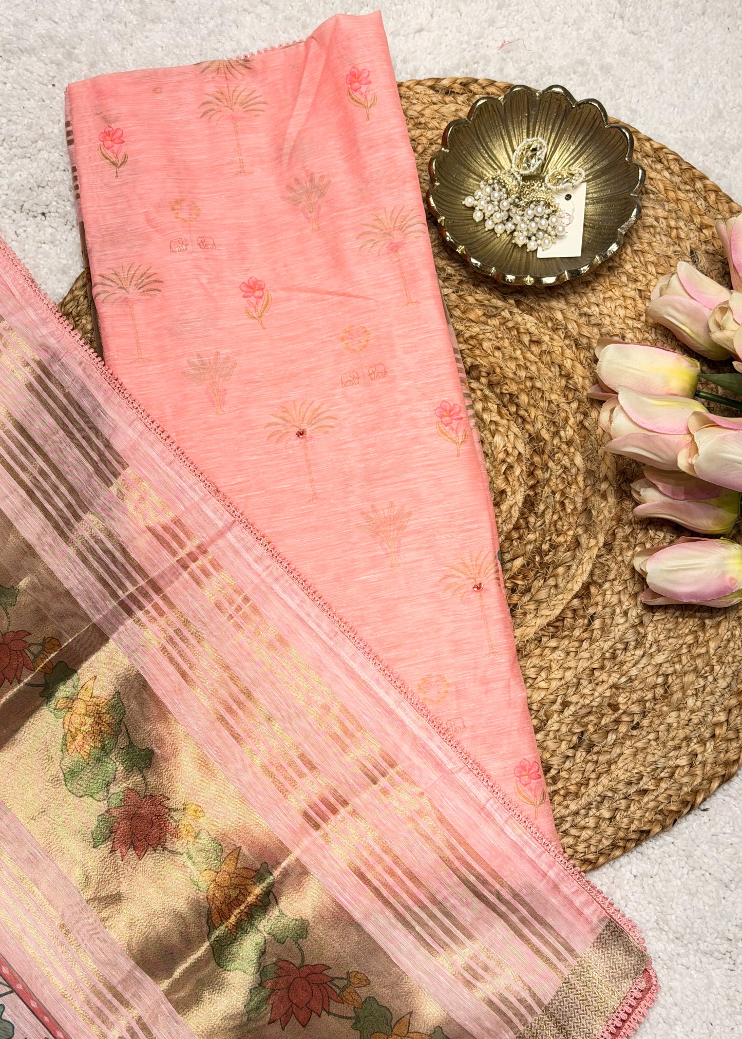 Pink Chanderi Floral Printed Unstitched Suit Set