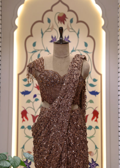 Mocha Brown Cocktail Pre Draped Saree