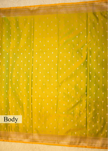 Lime Green Banarasi Kattan Silk Booti Zari Border with Unstitched Blouse