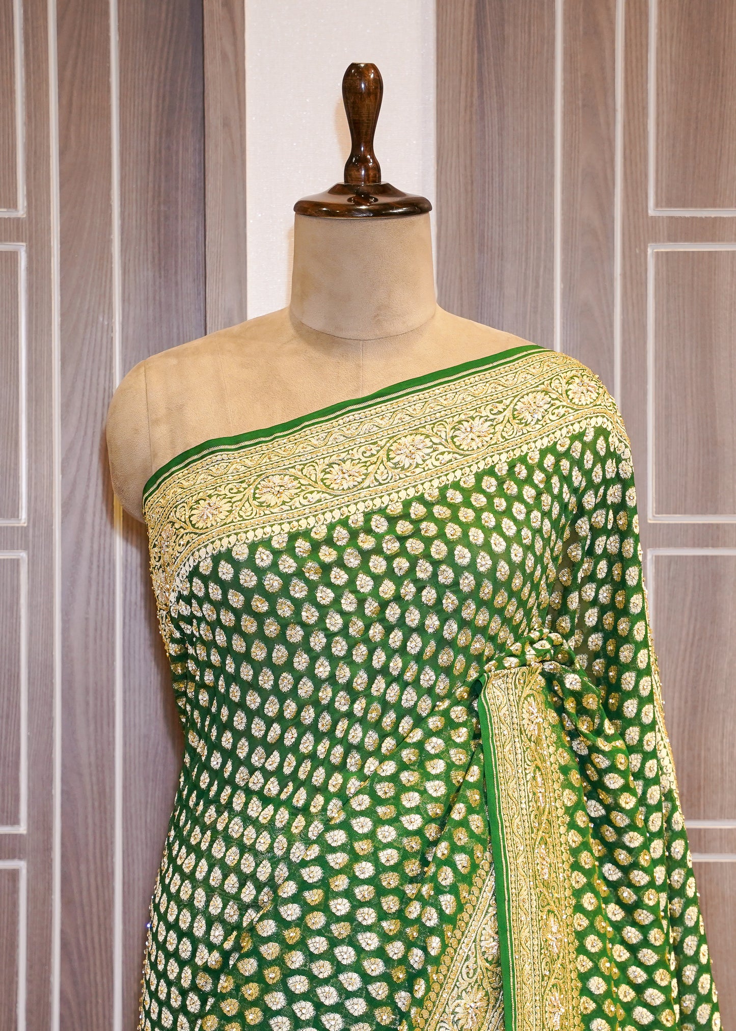 Bottle Green khadi Georgette Booti Saree with Zardozi Embroidery