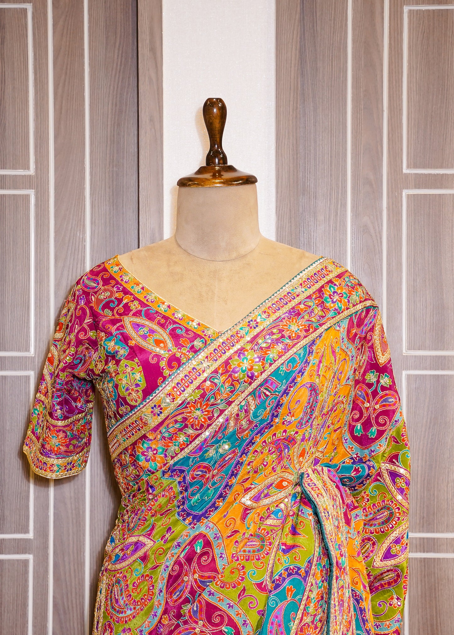 Multi Coloured Printed Zari Embroidered Designer Saree with Stitched Blouse