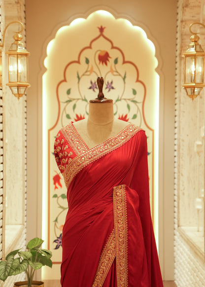 Inaya Maroon Red Silk Embroidered Saree with Stitched Blouse