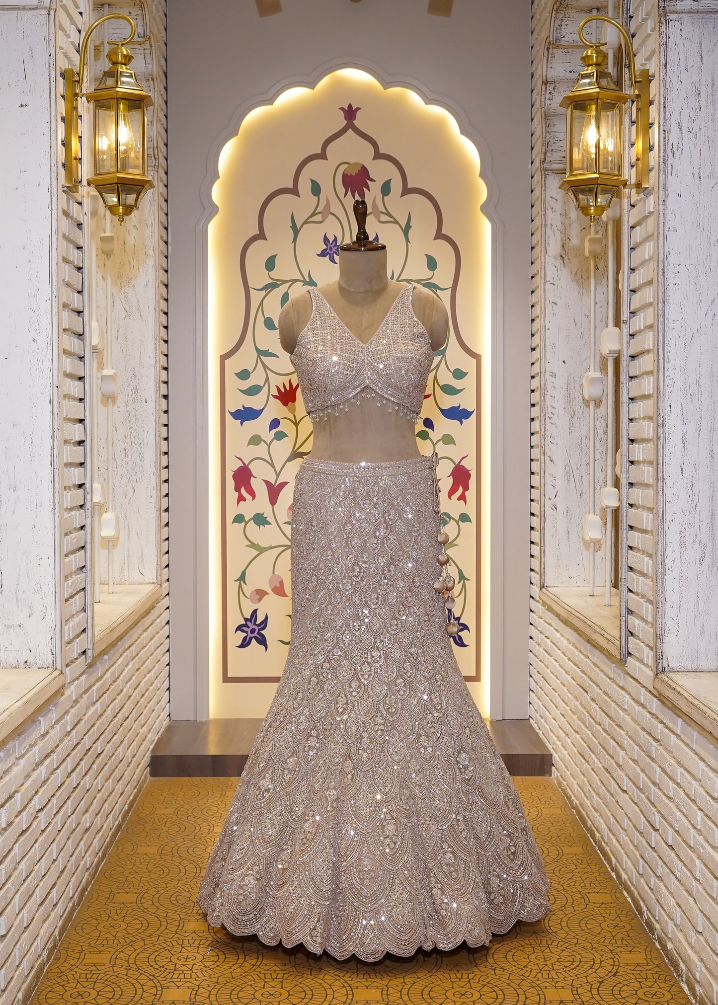 Champagne Gold Bead Embroidered Crop Top Fish-cut Skirt Set