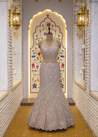 Champagne Gold Bead Embroidered Crop Top Fish-cut Skirt Set