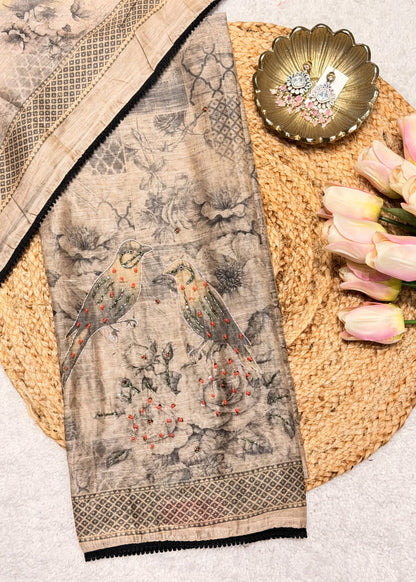 Mehraab Beige Printed Unstitched Suit Set