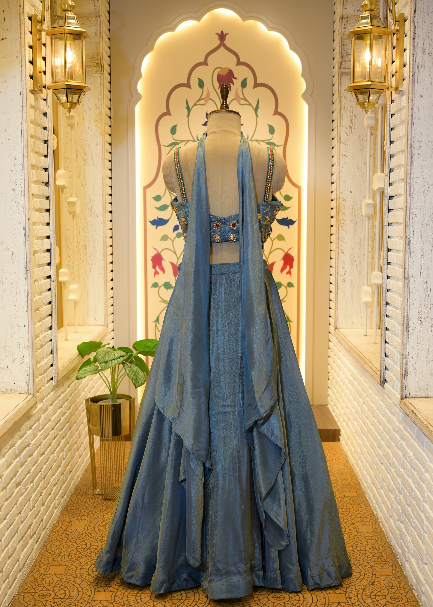 Tissue Blue Gemstone Crop Top Lehenga with Dupatta