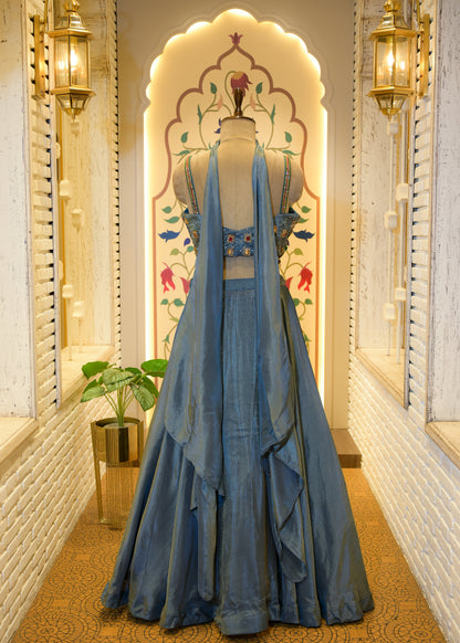 Tissue Blue Gemstone Crop Top Lehenga with Dupatta