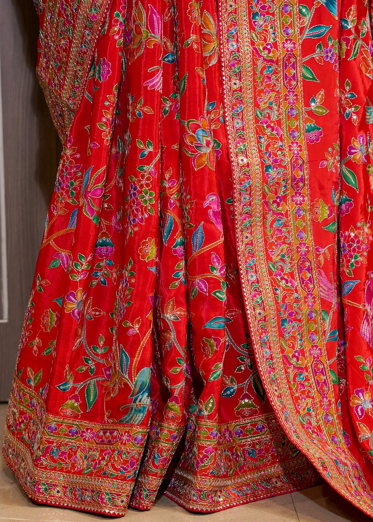 Red Printed Zari Embroidered Designer Saree with Stitched Blouse