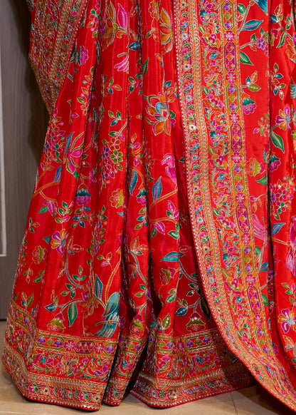 Red Printed Zari Embroidered Designer Saree with Stitched Blouse
