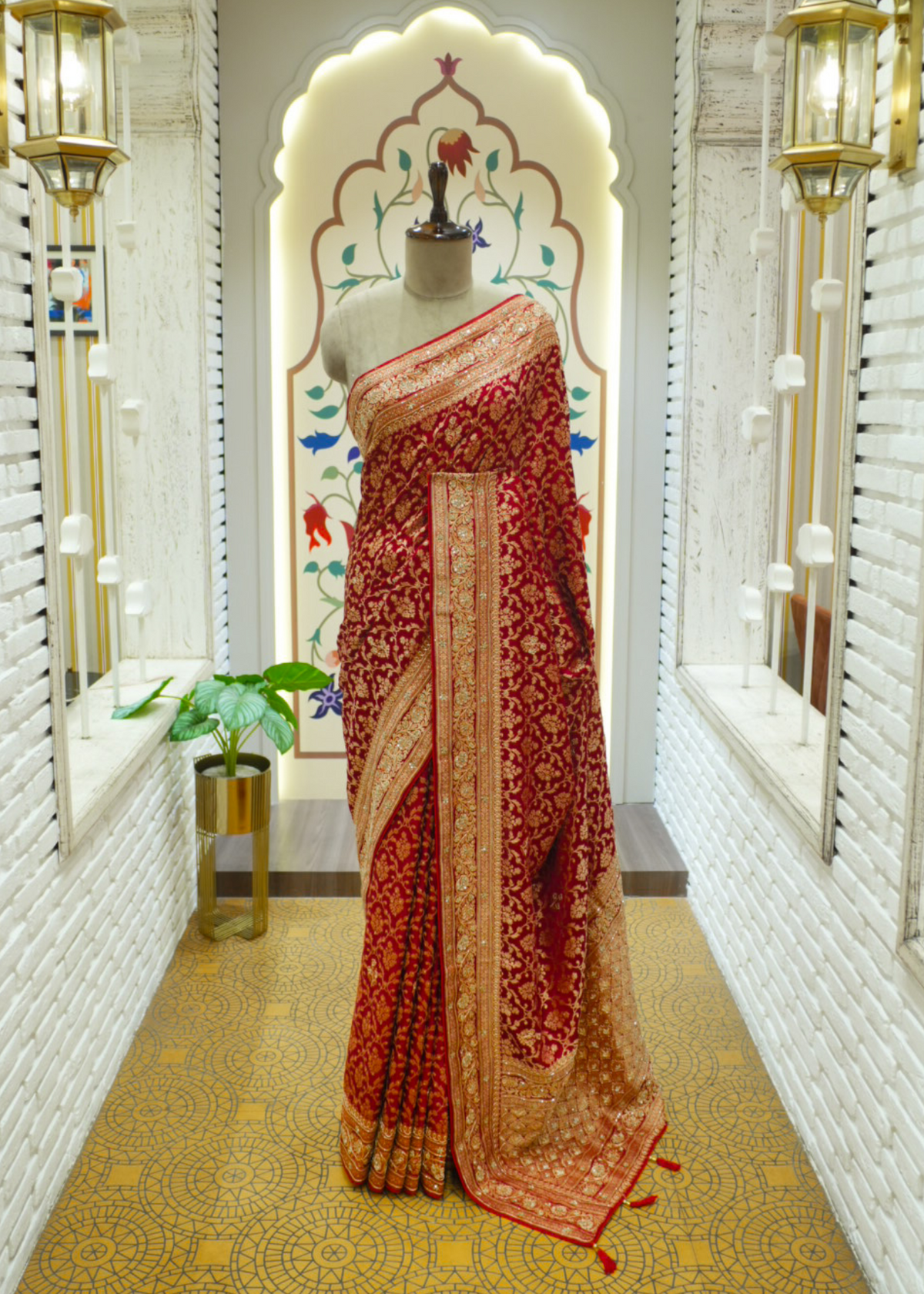 Nazini Mehroon Satin Silk Jaal Saree with Unstitched Blouse