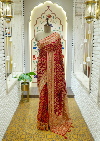 Nazini Mehroon Satin Silk Jaal Saree with Unstitched Blouse