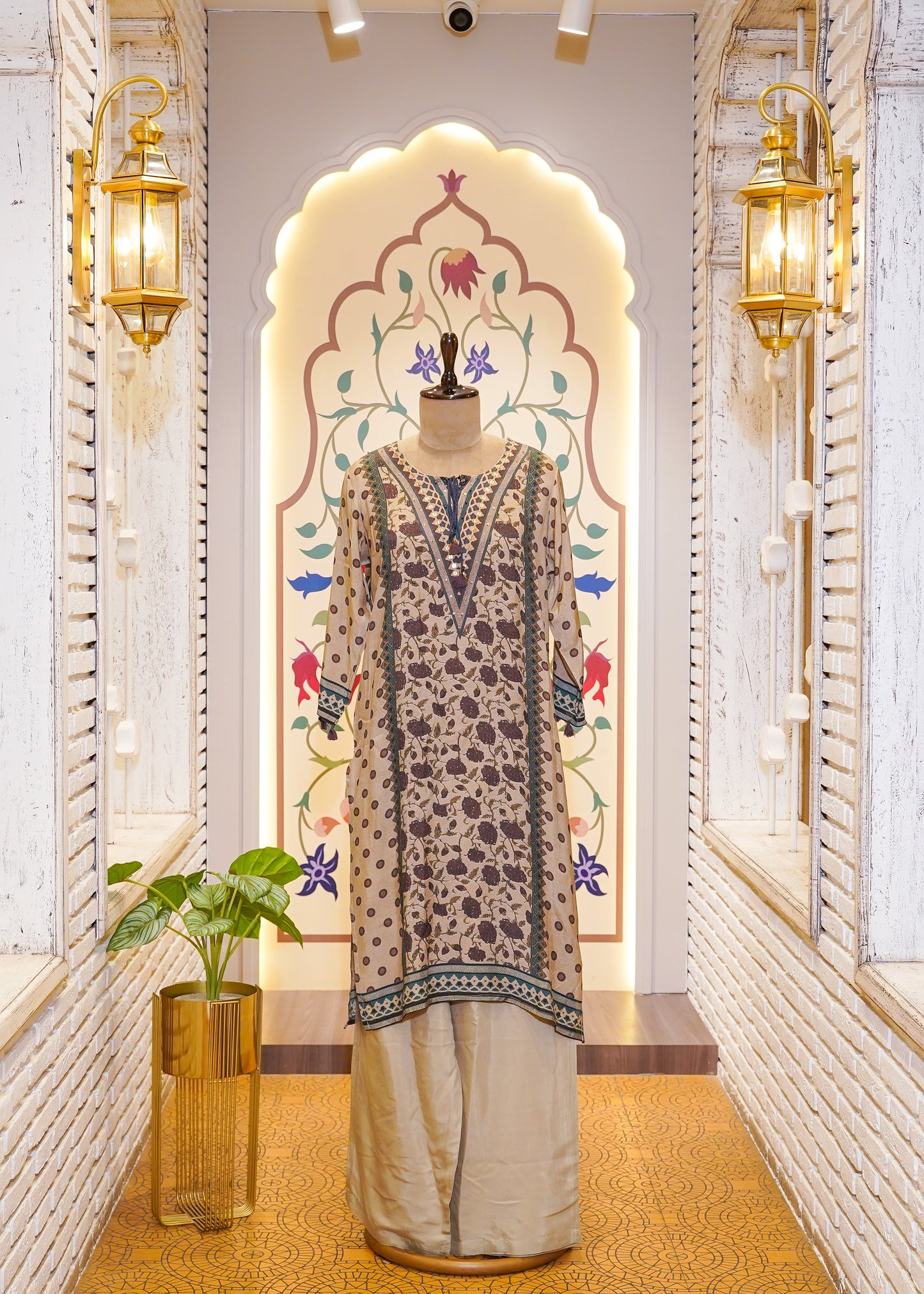 Beige Cotton Printed 3 pc Kurti Set