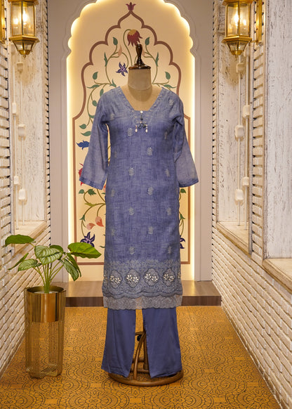 Blue Cotton Printed 3 pc Kurti set