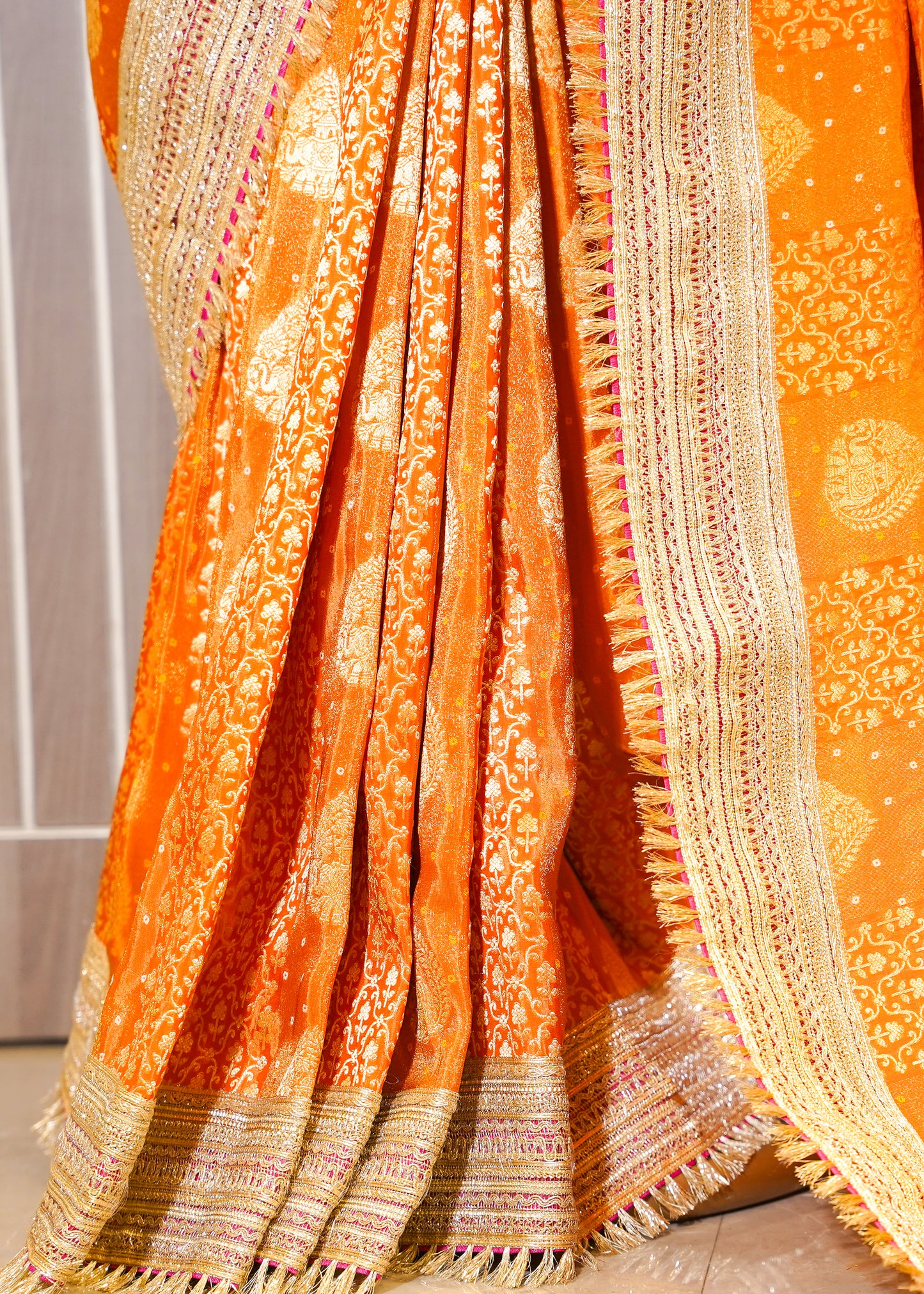 Rust Tissue Weaving Saree with Gota Lace and Unstitched Blouse