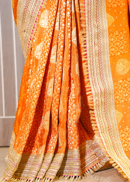 Rust Tissue Weaving Saree with Gota Lace and Unstitched Blouse