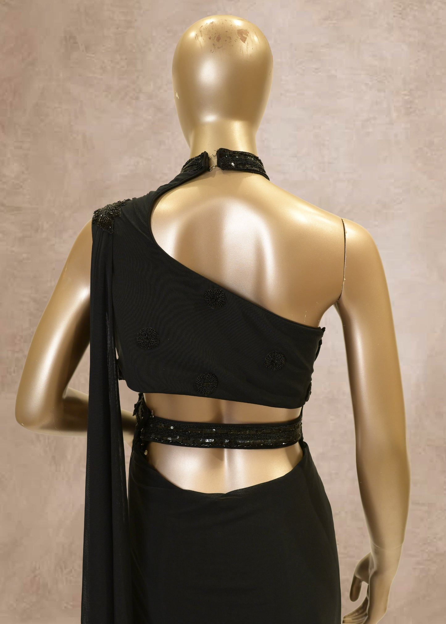 Black Sequins Embroidered Drape Style Gown
