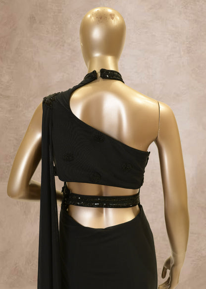 Black Sequins Embroidered Drape Style Gown