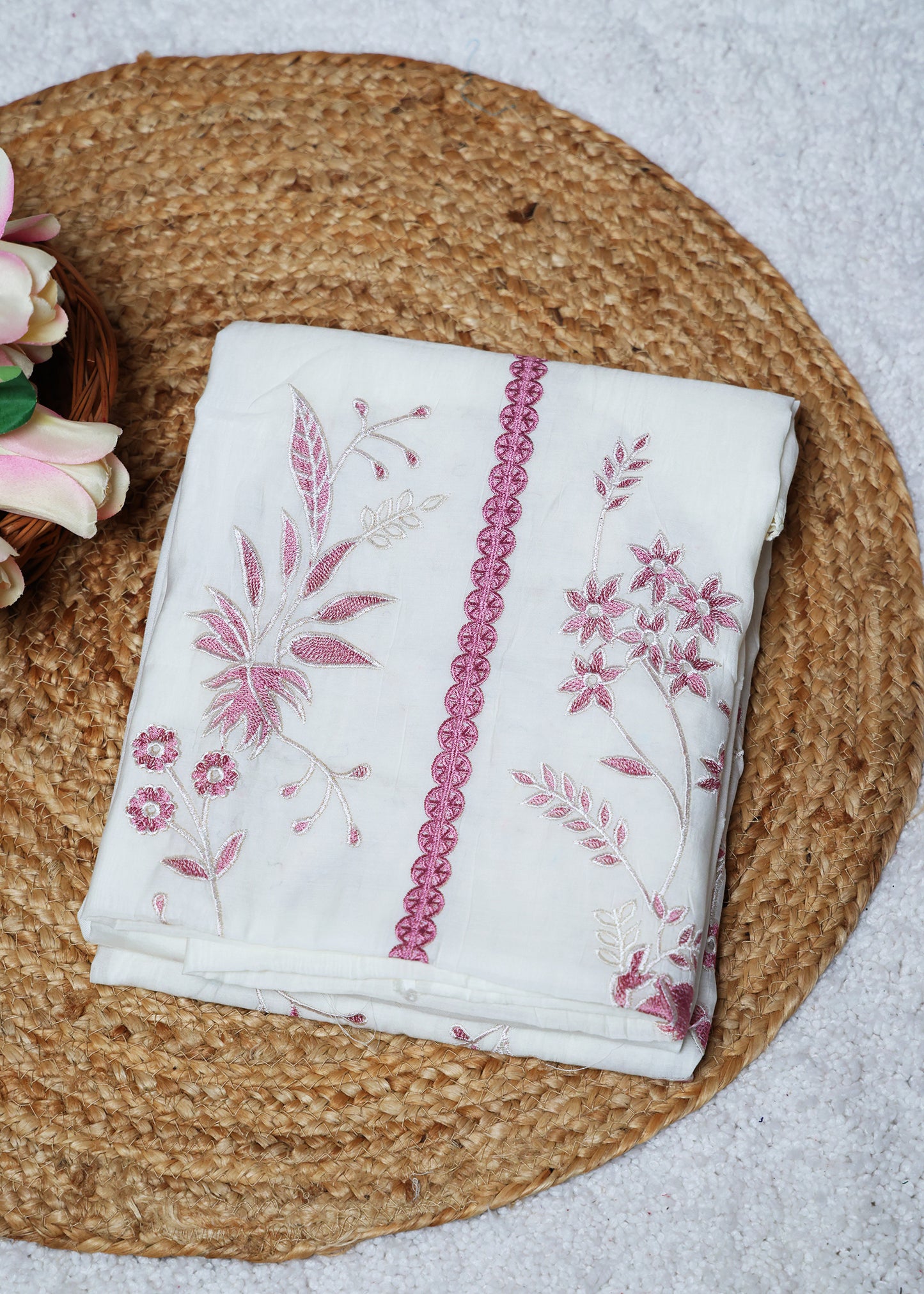 Pearl White & Pink Floral Unstitched Suit Set