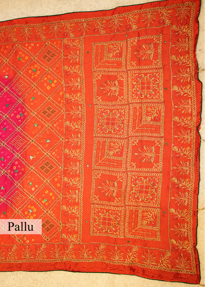 Orange & Pink Bhandhani Gajji Contrasting Saree with Unstitched Blouse