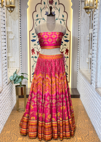 Rani Hand Embellished Printed Silk Lehenga with Unstitched Blouse