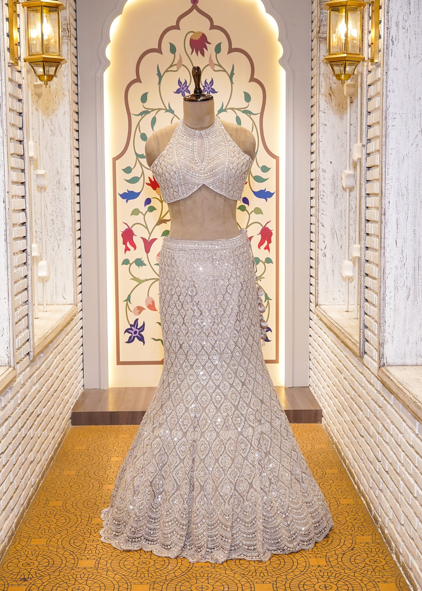 Metallic Silver Bead Embroidered Crop Top Fish-cut Skirt Set
