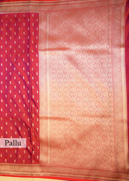 Red Banarasi Kattan Silk Booti Zari Border with Unstitched Blouse