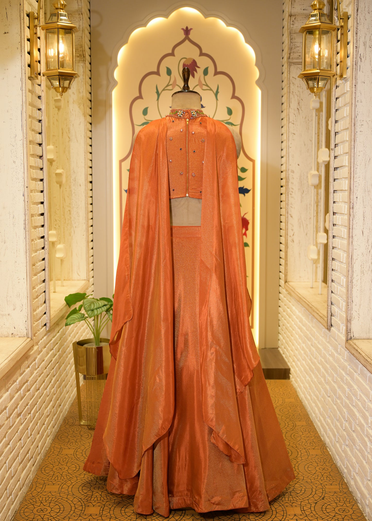Fanta Orange Halter Neck Gemstones Crop with Skirt