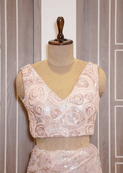 Pink Sequence Saree with Foil Work and Stitched Blouse