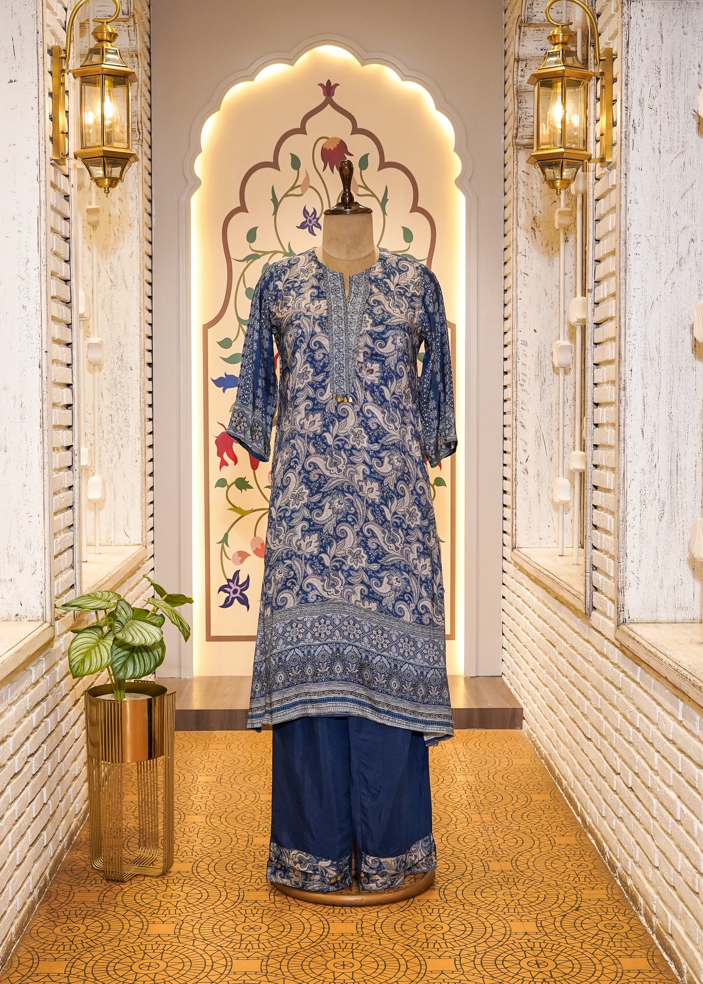 Blue Muslin Printed 3 pc Kurti set