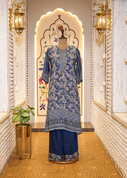Blue Muslin Printed 3 pc Kurti set