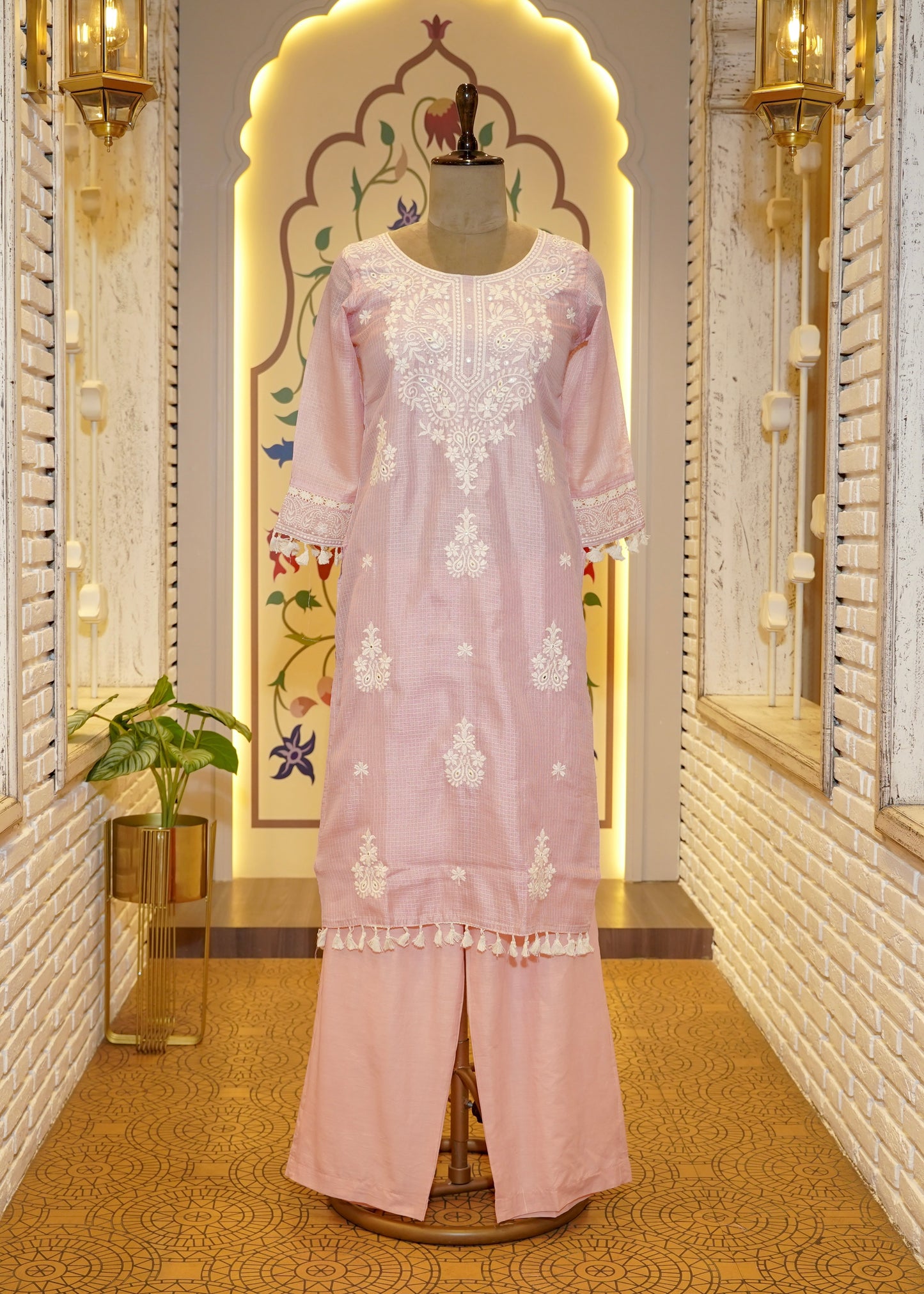 Anamika Pink & White Tassel Border Stitched Suit Set