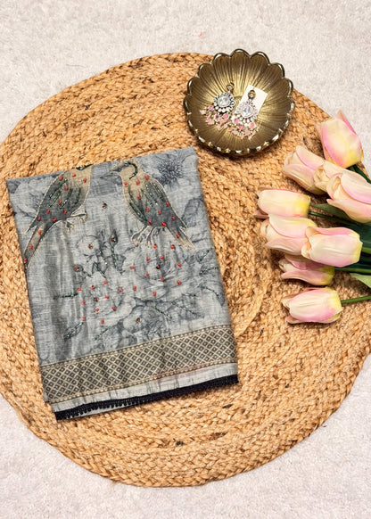 Mehraab Grey Printed Unstitched Suit Set