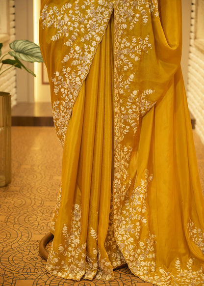 Mustard Chinon Thread Embroidered Saree with Stitched Blouse