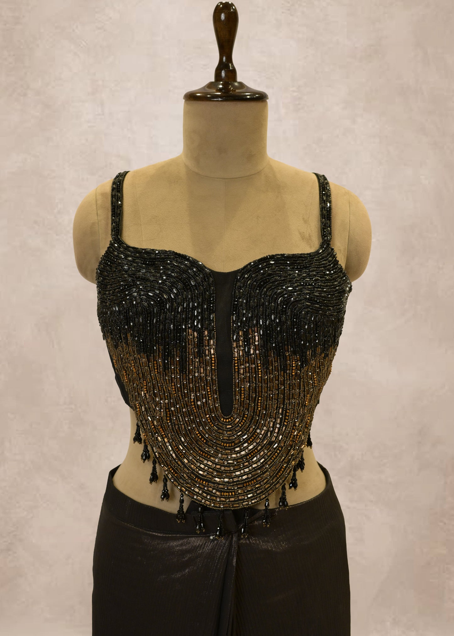 Charcoal Grey Crush Tissue Drape Saree With Hand Embroidered Black Crop Top