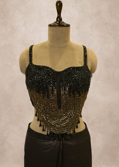 Charcoal Grey Crush Tissue Drape Saree With Hand Embroidered Black Crop Top