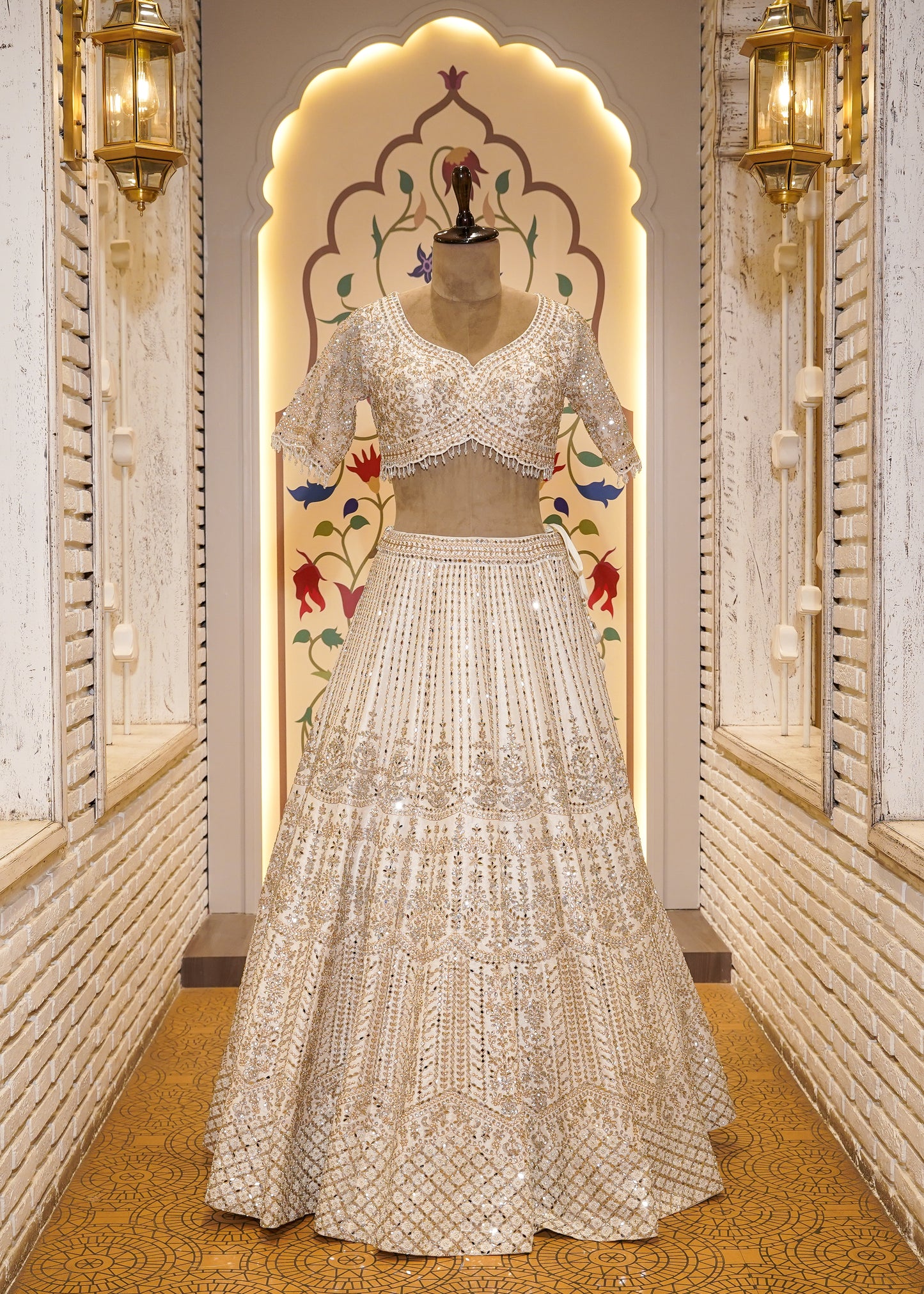 Ivory Silk Mirror Embroidered Half Sleeves Crop Top Skirt Set