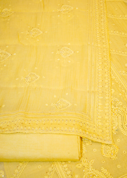 Yellow Mul Cotton Thread Embroidered Unstitched Suit Set