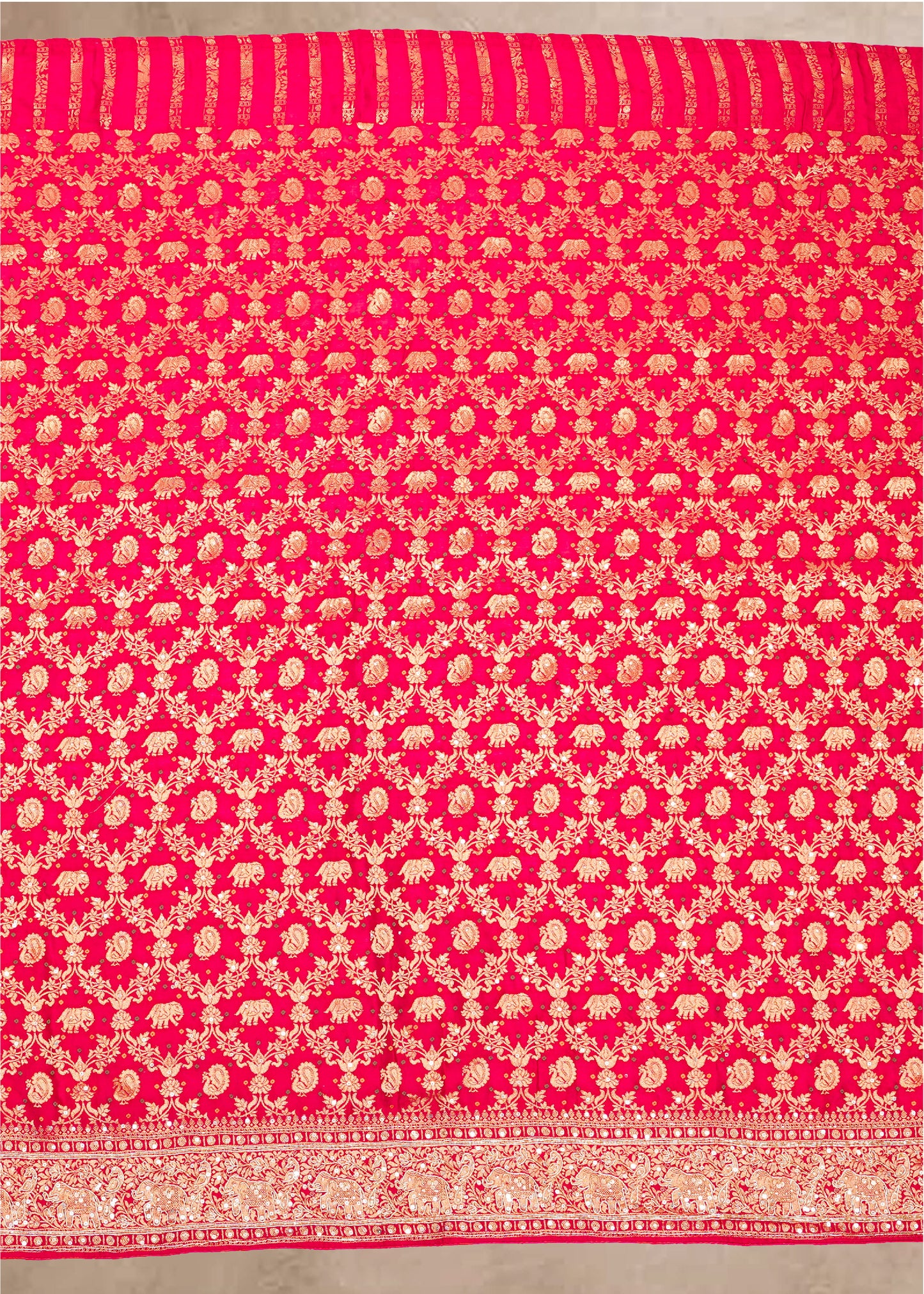 Red Hand Embroidered Dola Silk Saree with Elephant Motifs and Unstitched Blouse