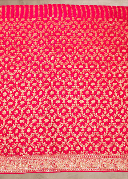 Red Hand Embroidered Dola Silk Saree with Elephant Motifs and Unstitched Blouse