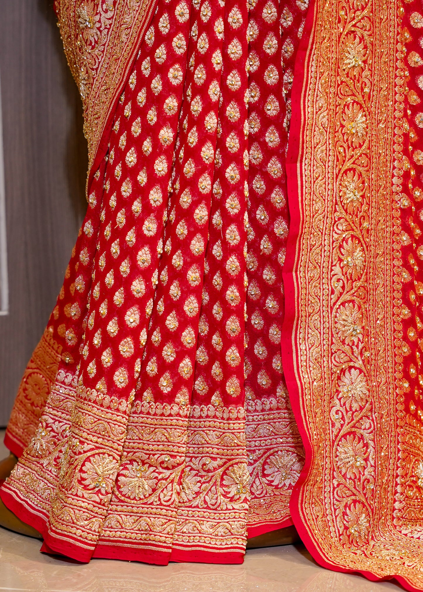 Red Khadi Georgette Saree with Zardozi Embroidery