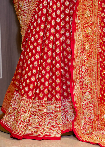 Red Khadi Georgette Saree with Zardozi Embroidery