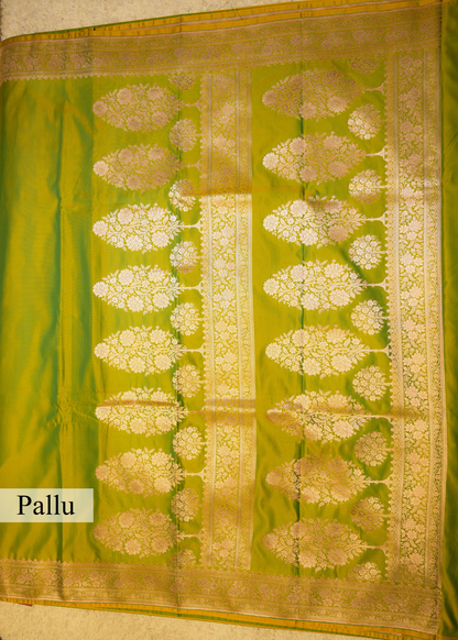 Lime Green Banarasi Kattan Silk Zari Border with Unstitched Blouse