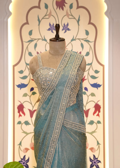 Dusty Blue Crush Tissue Drape Saree with Embroidered Blouse