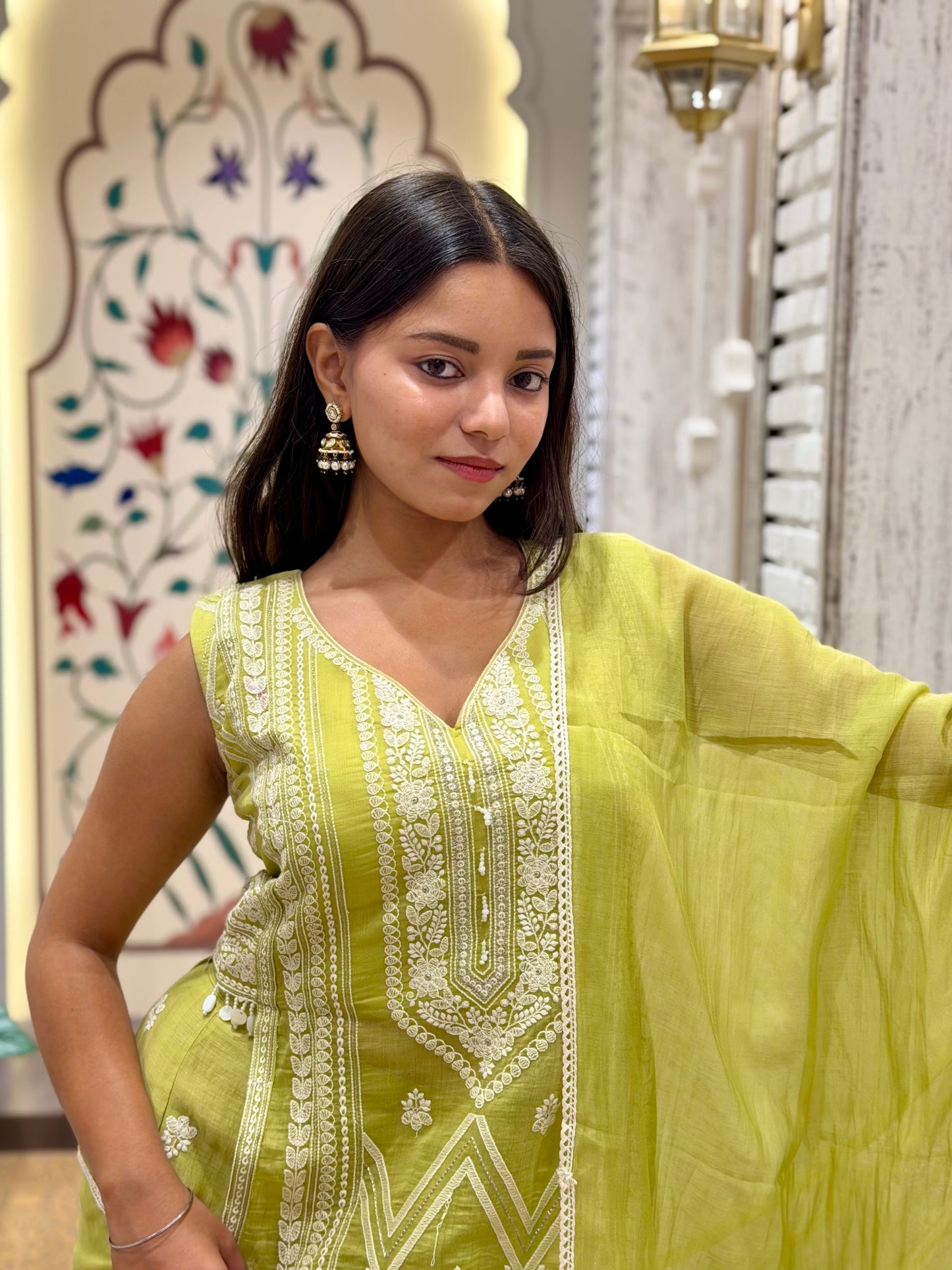 Nyra Neon Green Slit Palazzo Pants Stitched Suit Set