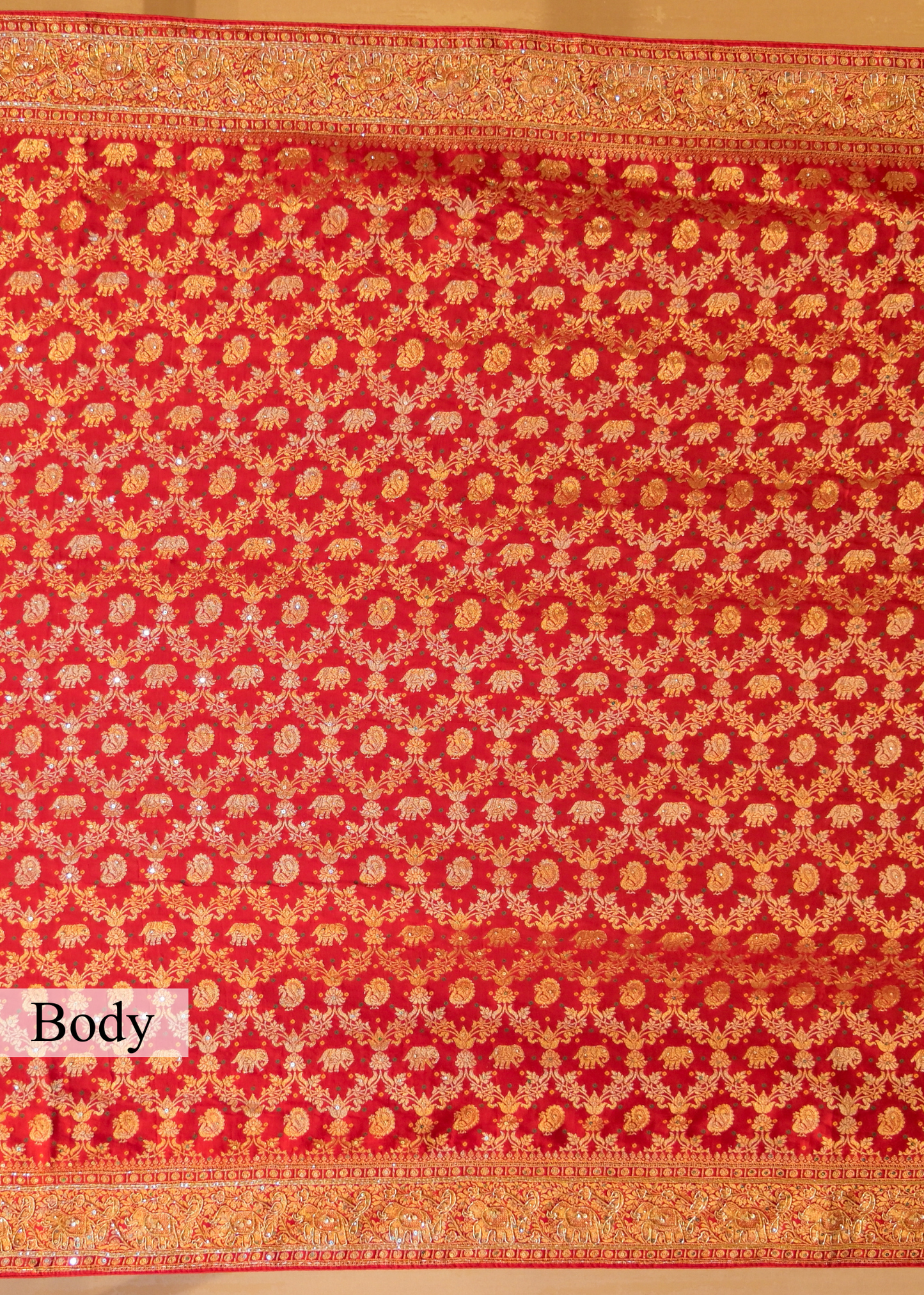 Red Hand Embroidered Dola Silk Saree with Elephant Motifs and Unstitched Blouse