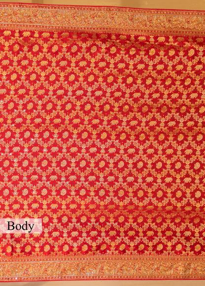 Red Hand Embroidered Dola Silk Saree with Elephant Motifs and Unstitched Blouse