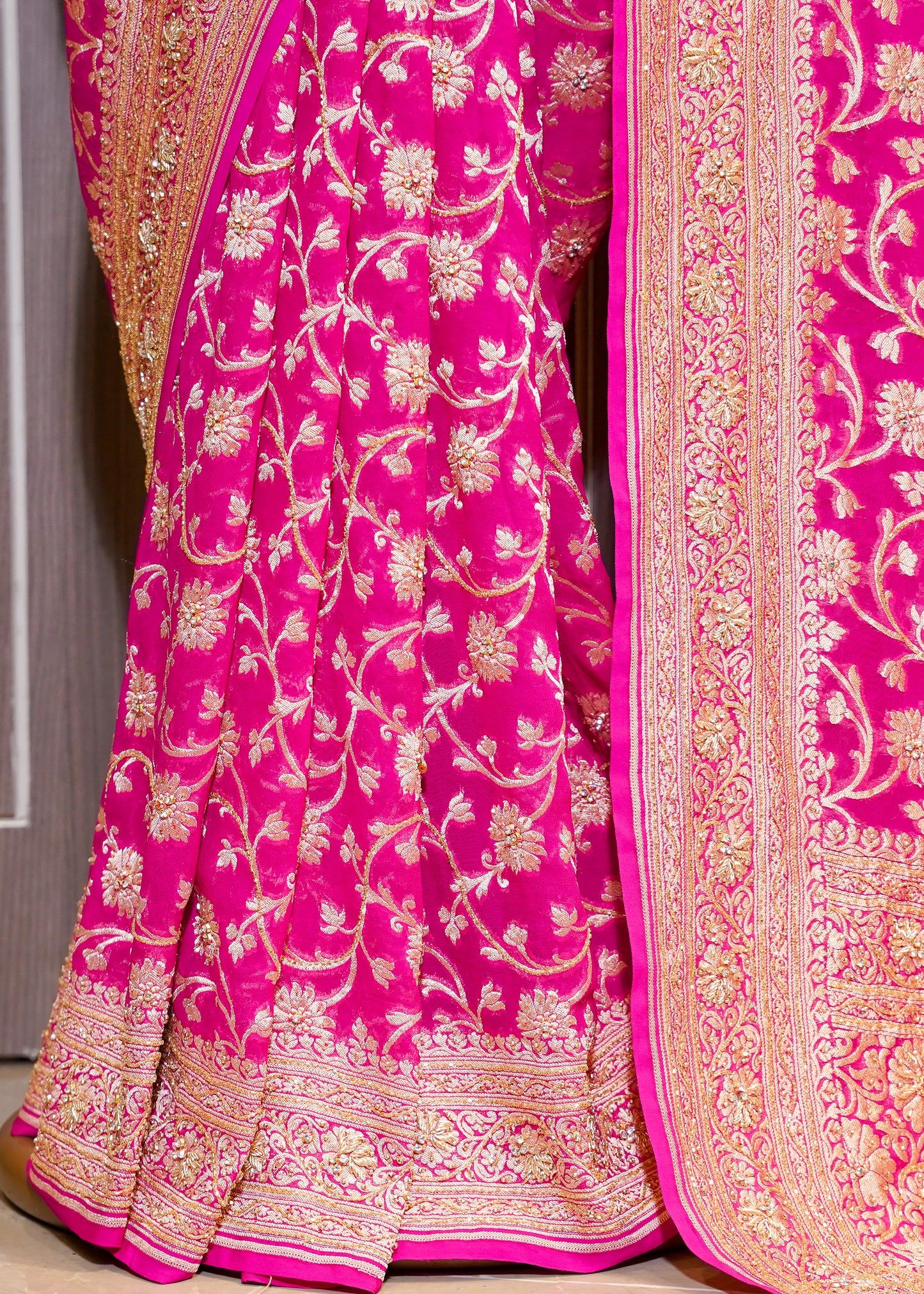 Rani khadi Georgette Jaal Saree with Zardozi Embroidery