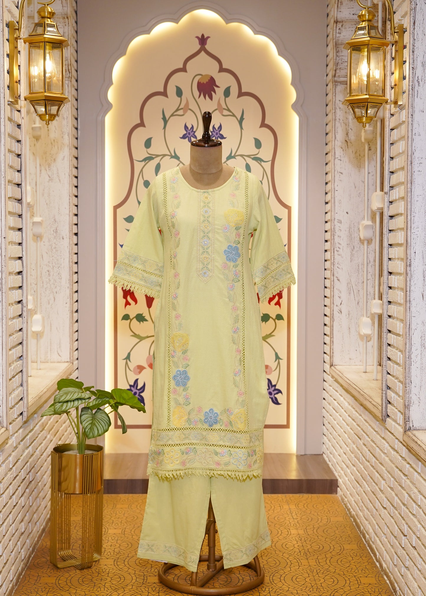 Light Lemon Cotton Thread Embroidered 3 pc Kurti Set