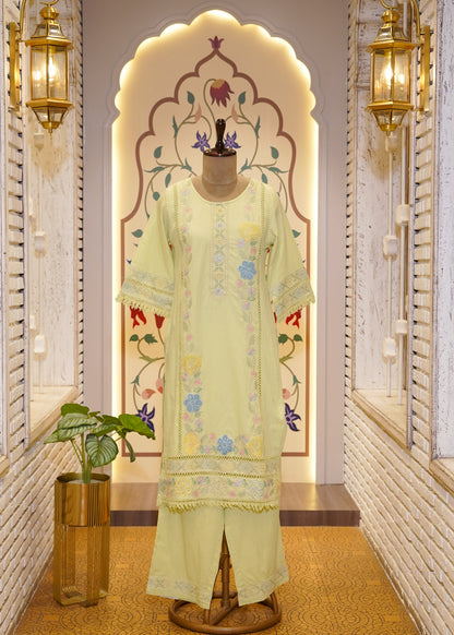 Light Lemon Cotton Thread Embroidered 3 pc Kurti Set